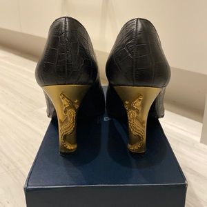 Ramon Tenza Croc Lizard Gold Heel Pumps Size 36.5 Size 6.5 Black